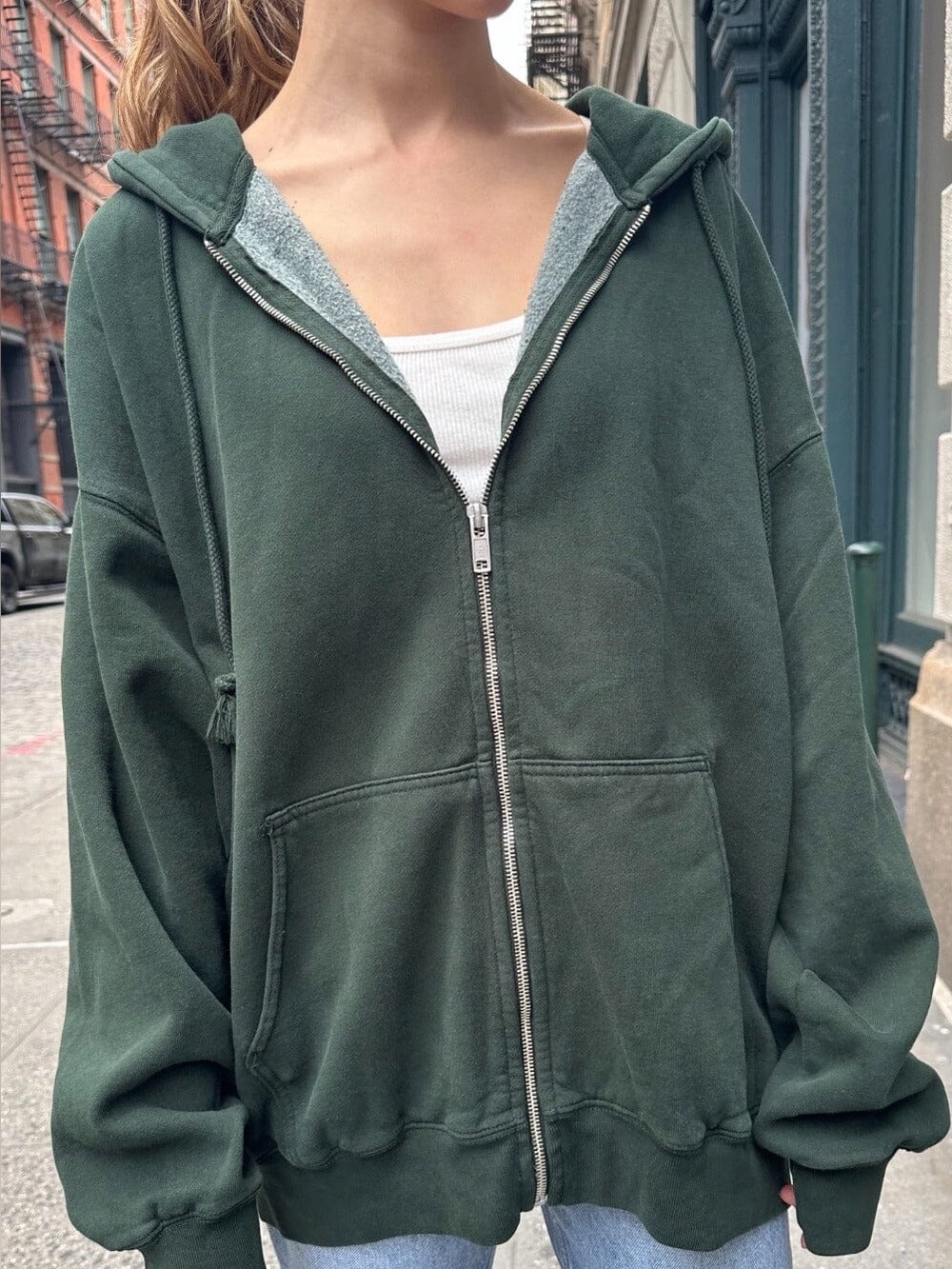 Brandy Melville Oversized Dark Green Christy Zip Up Hoodie